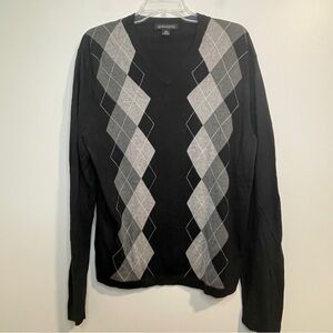 Banana Republic Black and Gray Argyle Silk Cashmere Blend V-Neck Sweater